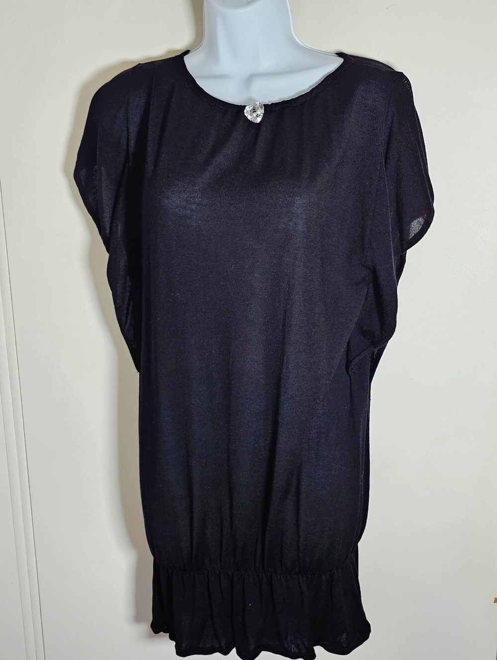 Dushi Muge Black Draped Tunic Dress Blouse Heart Crystal Button S/M